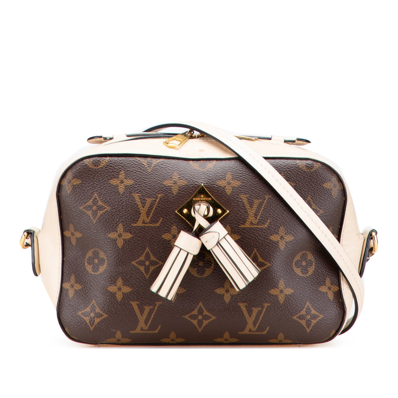 Louis Vuitton Monogram Saintonge Bag with Leather Trim: Louis Vuitton Monogram Saintonge Bag with Leather Trim The Louis Vuitton Monogram Saintonge is a stylish bag crafted from durable monogram canvas, complemented by rich leather trim. It features a flat