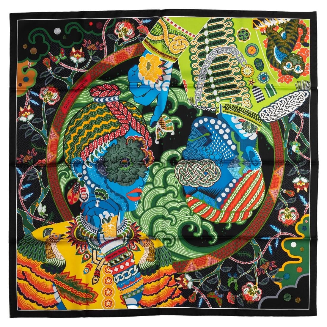 Hermes Black Multicolor Silk Scarf NIB Hand Rolled Edges: Hermes Black Multicolor Silk Scarf NIB Hand Rolled Edges This exquisite scarf from Hermes features a striking black and multicolor pattern, crafted from luxurious silk. Measuring 35 inches by 35 inche