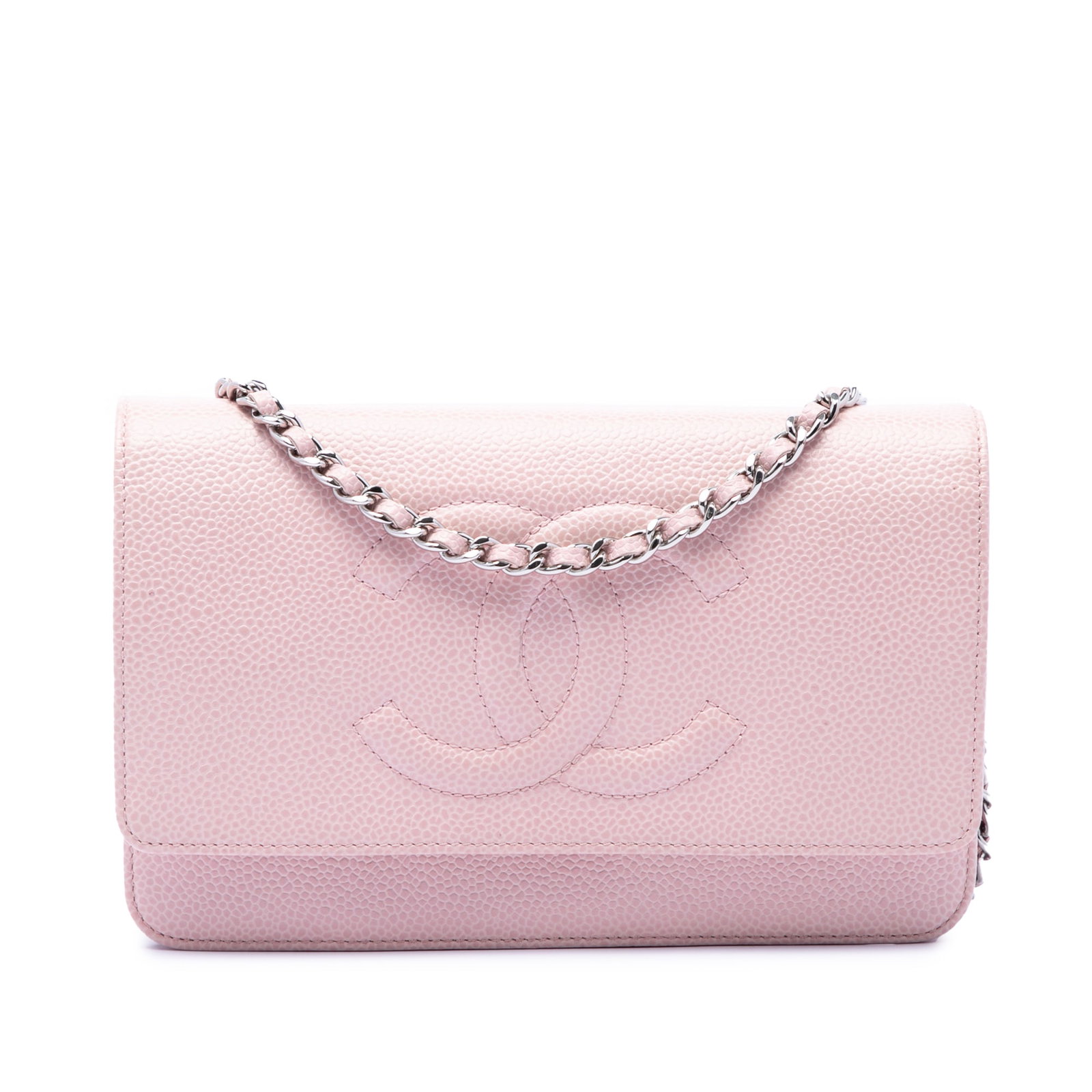 Chanel CC Wallet On Chain Pink Caviar Leather Bag: Chanel CC Wallet On Chain Pink Caviar Leather Bag Chanel CC Caviar Wallet On Chain in pink caviar leather. This bag features a leather-woven chain link strap, a top flap with magnetic closure, and an 