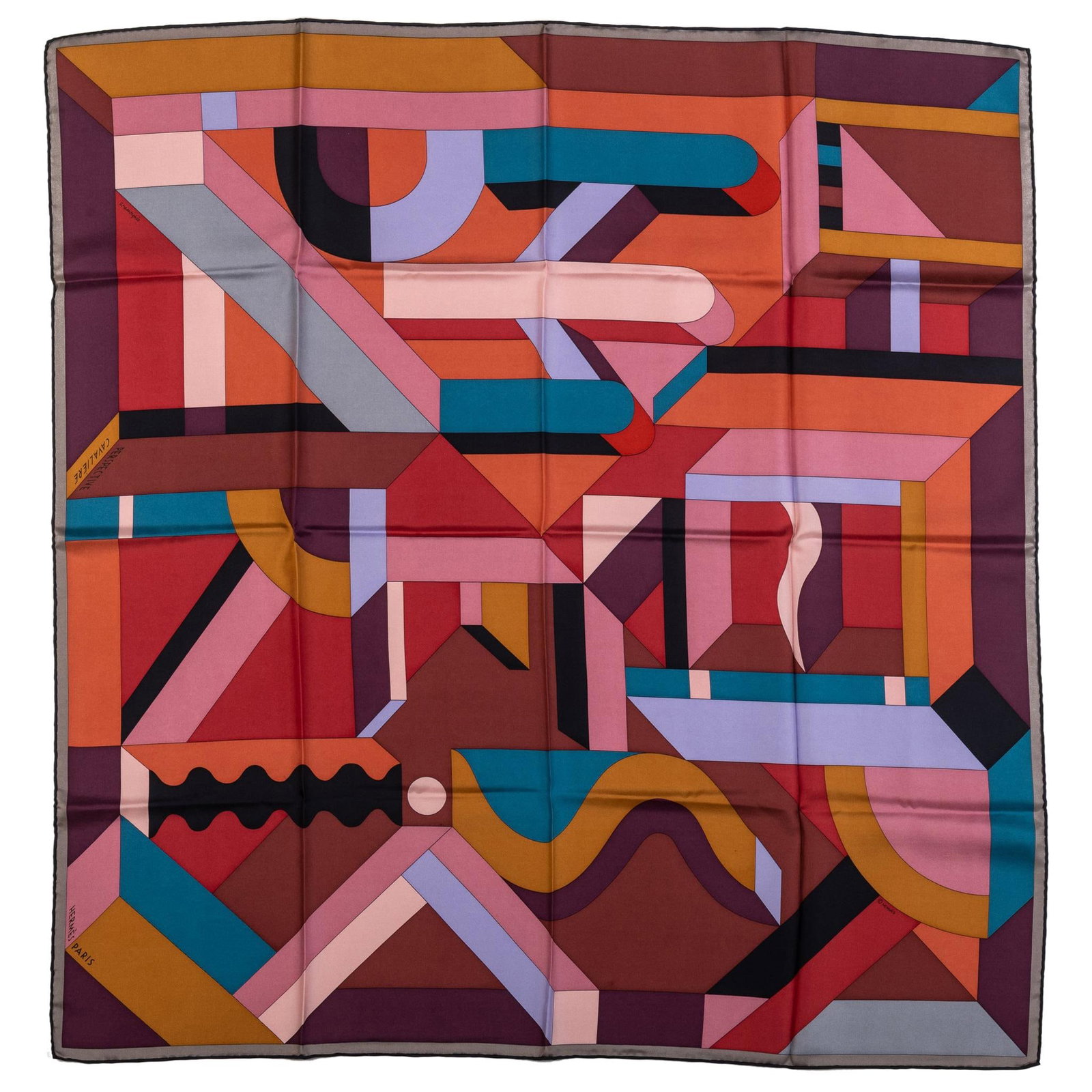 Hermes Multicolor Geometric Silk Scarf 35 in Made in France: Hermes Multicolor Geometric Silk Scarf 35 in Made in France This exquisite Hermes geometric multicolor silk scarf showcases the brand's renowned craftsmanship and vibrant design. Measuring 35 in x 35 