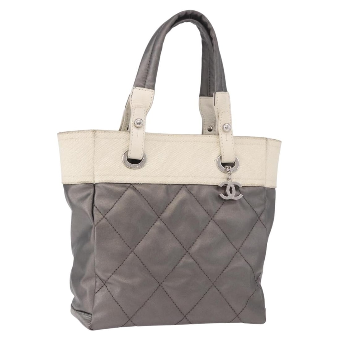 Chanel Paris Biarritz PM Gray Silver PVC Leather Hand Bag: Chanel Paris Biarritz PM Gray Silver PVC Leather Hand Bag CHANEL Paris Biarritz PM handbag in gray and silver PVC leather with silver-tone CC detailing. Made in Italy, this women's handbag includes a 