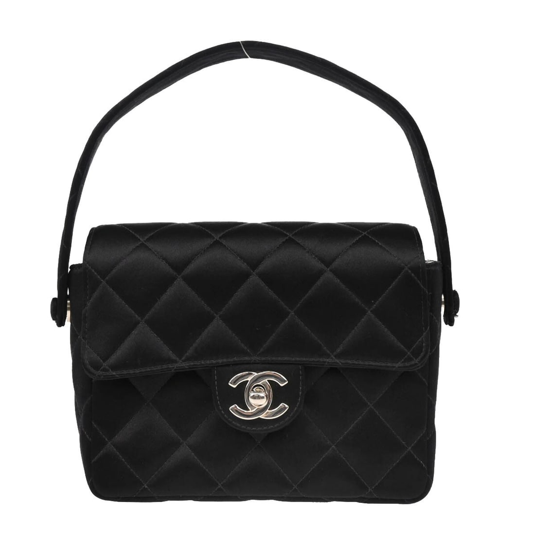 CHANEL Classic Flap Mini Square Shoulder Bag in Black Satin: CHANEL Classic Flap Mini Square Shoulder Bag in Black Satin Chanel Mini Classic Square Flap handbag in black satin with a matelasse quilted design and turnlock closure. This small shoulder bag feature