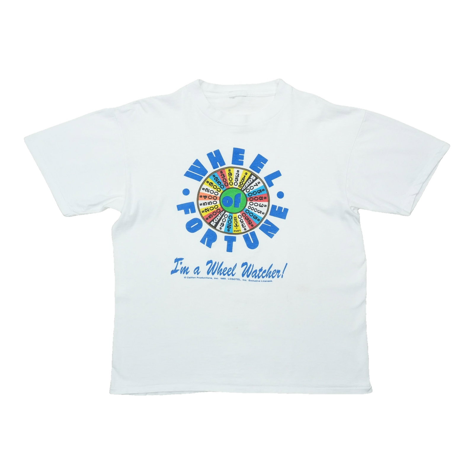 Vintage 1990s Wheel Of Fortune White Cotton T Shirt: Vintage 1990s Wheel Of Fortune White Cotton T Shirt Authentic vintage Wheel of Fortune shirt from the 1990s. This is an original vintage tee, not a modern reproduction. It is in good condition with no