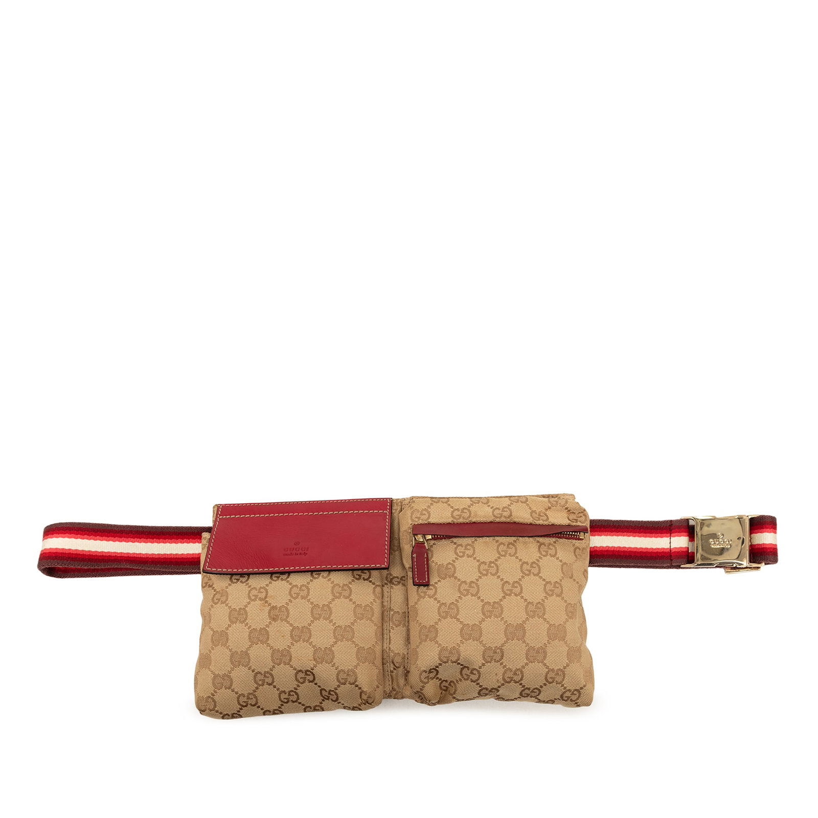 Gucci GG Canvas Waist Bag with Web Strap Double Pockets: Gucci GG Canvas Waist Bag with Web Strap Double Pockets Gucci GG Canvas Web Double Pocket Belt Bag with a canvas body, adjustable flat web canvas belt strap, front flap and zip compartments, and a bac