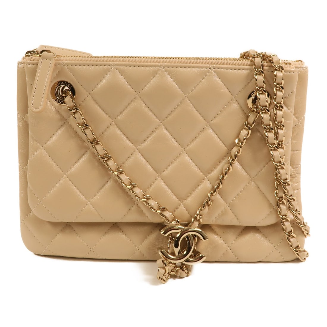 CHANEL CC Lambskin Shoulder Bag Drawstring Double Zip Beige: CHANEL CC Lambskin Shoulder Bag Drawstring Double Zip Beige A CHANEL CC GHW drawstring double zip crossbody shoulder bag in beige lambskin (sheep leather). This women's regular-size shoulder bag is ma