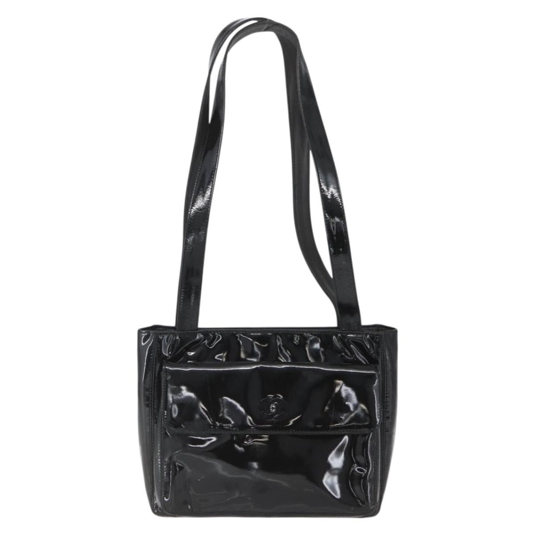 Chanel Vintage Flap black patent leather shoulder bag: Chanel Vintage Flap black patent leather shoulder bag This Chanel Vintage Flap Shoulder Bag is crafted from black patent leather and features a classic flap design. Made in Italy, the bag is designed 