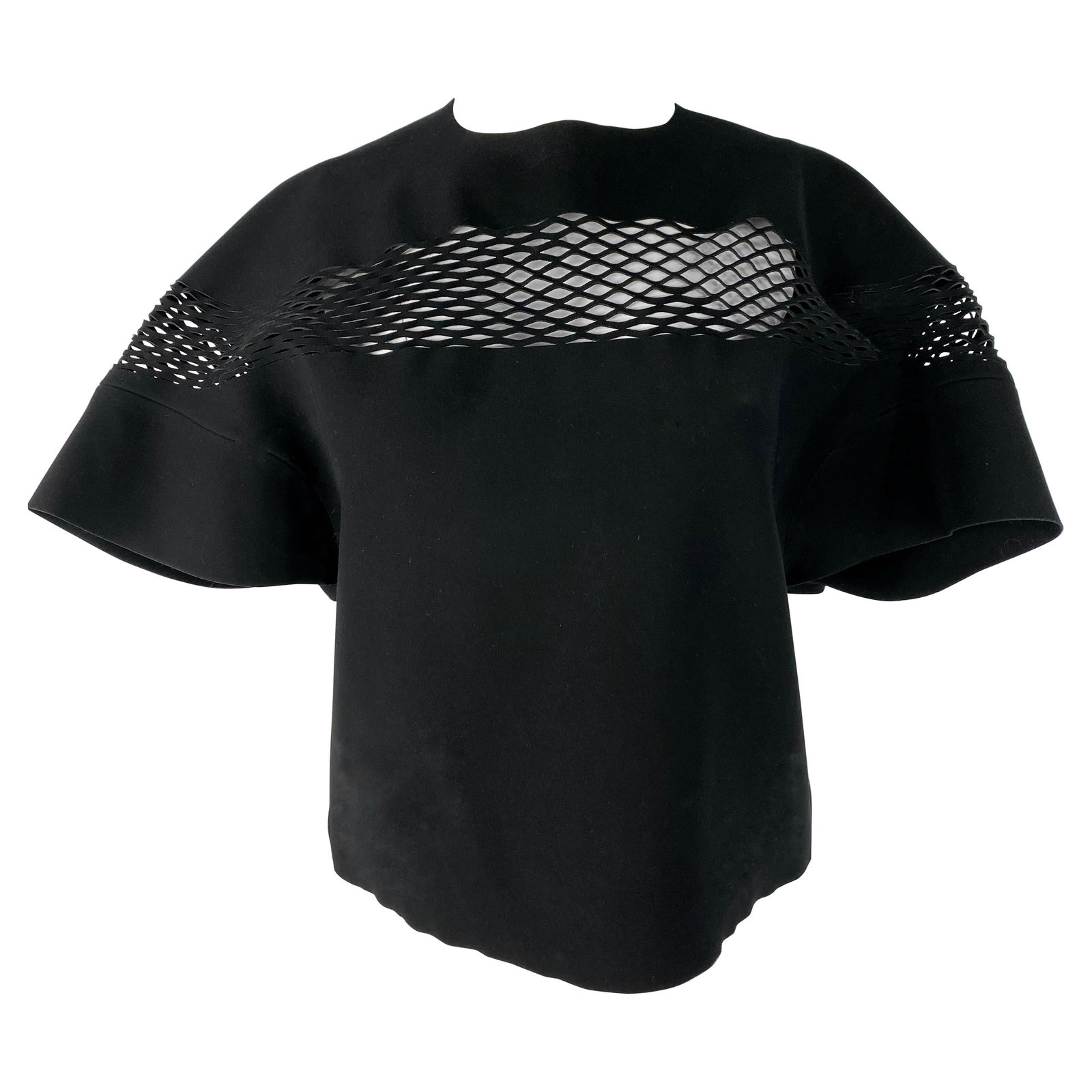 Balenciaga Black Polyester Crop Top Geometric Cutout Size 40: Balenciaga Black Polyester Crop Top Geometric Cutout Size 40 Black cropped top designed by Balenciaga in France. It features a crew neckline, short sleeves, a cropped length, geometric pattern cut-out