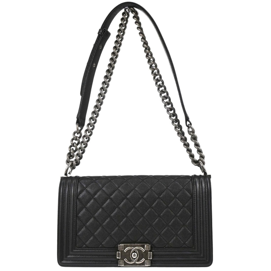 CHANEL Boy Medium Shoulder Bag Black Caviar Leather Silver Tone Lock: CHANEL Boy Medium Shoulder Bag Black Caviar Leather Silver Tone Lock Vintage Chanel Boy Medium shoulder bag in black caviar skin leather with a push-lock closure, quilted accents, and silver-color har