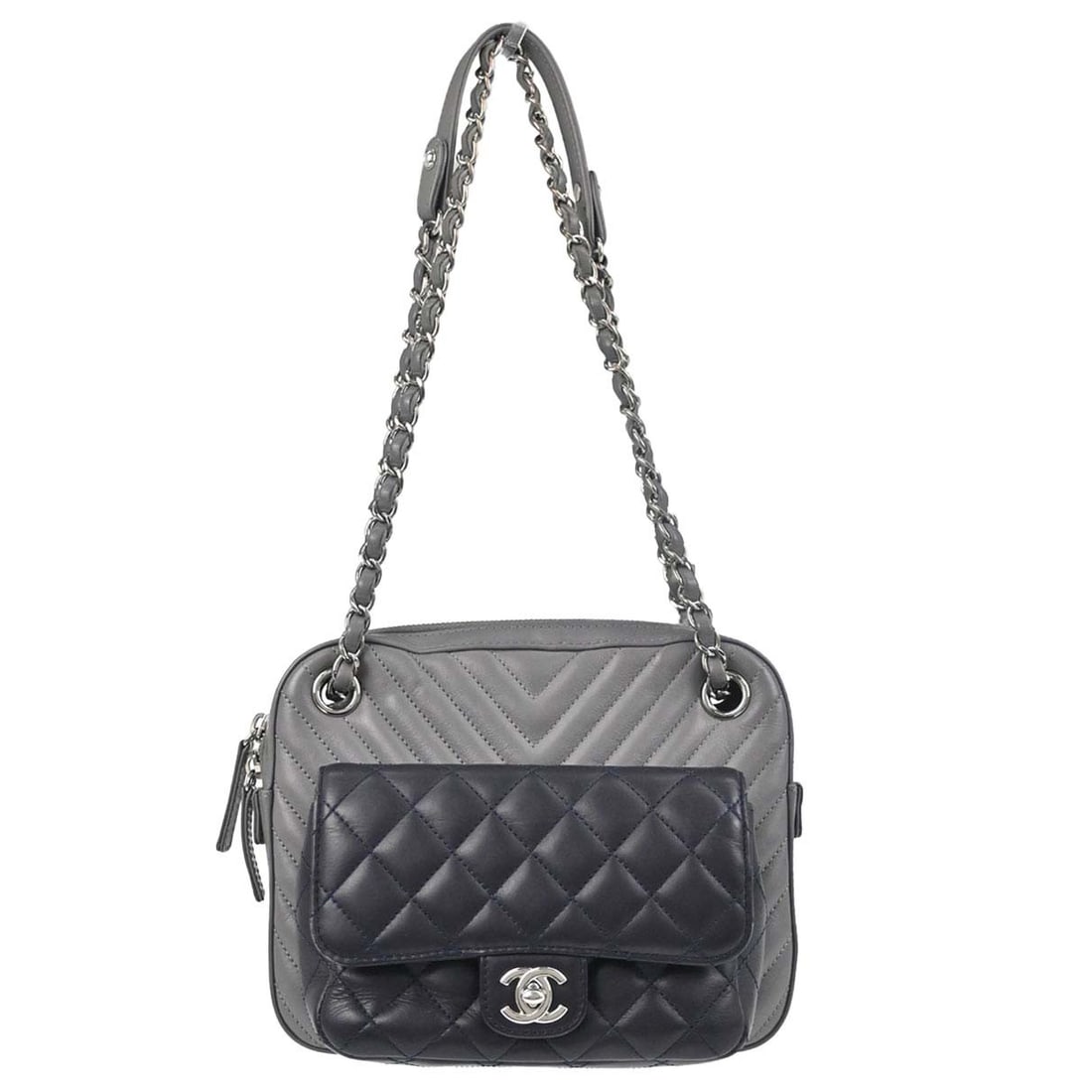 CHANEL Paris-Hamburg lambskin crossbody bag navy gray: CHANEL Paris-Hamburg lambskin crossbody bag navy gray Chanel Paris-Hamburg Double Camera Case shoulder bag in navy and gray lambskin leather with a chevron matelasse quilted pattern. This small should
