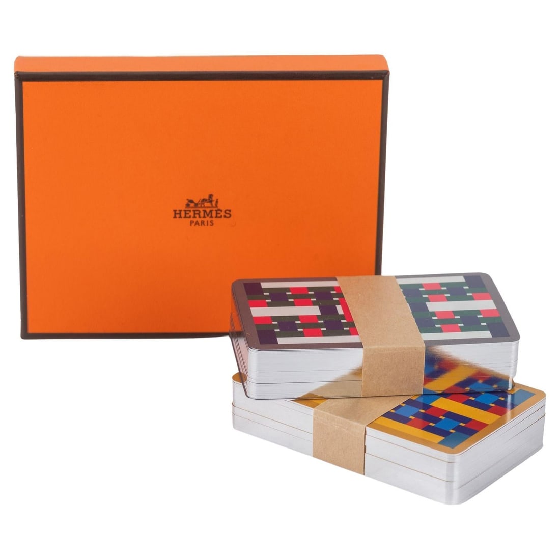 Hermes H Tissage Playing Cards Set with Silver Edges: Hermes H Tissage Playing Cards Set with Silver Edges Experience the elegance of the Hermes "H" Tissage Playing Cards, a luxurious set that features two decks of bridge playing cards, each containing 5