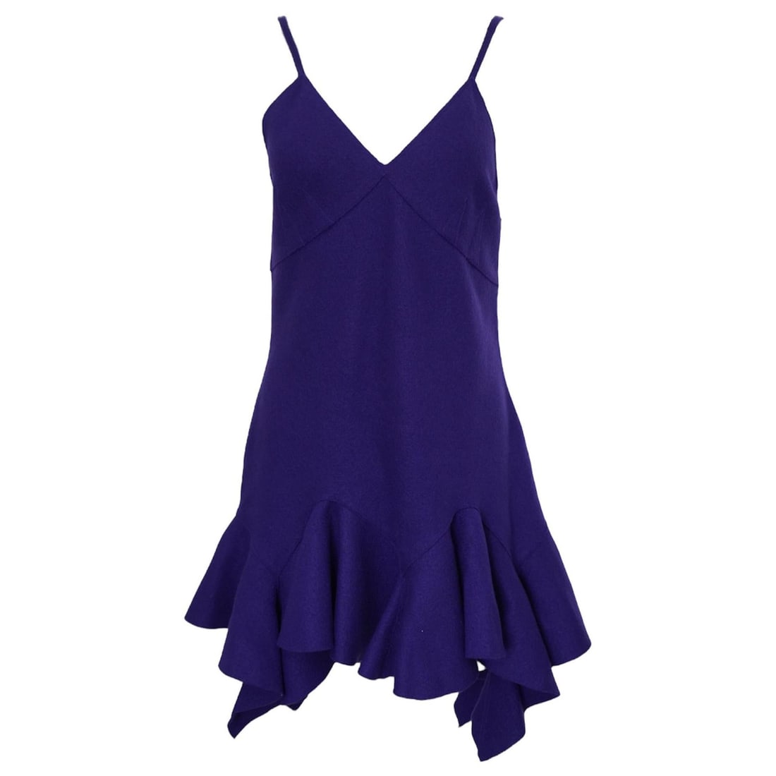 Givenchy Purple Virgin Wool Mini Dress with Ruffle Hem Size M: Givenchy Purple Virgin Wool Mini Dress with Ruffle Hem Size M A Givenchy purple mini dress with ruffled trim at the hem, a V-neck, and a sleeveless silhouette. Made from boiled wool fabrication in 100