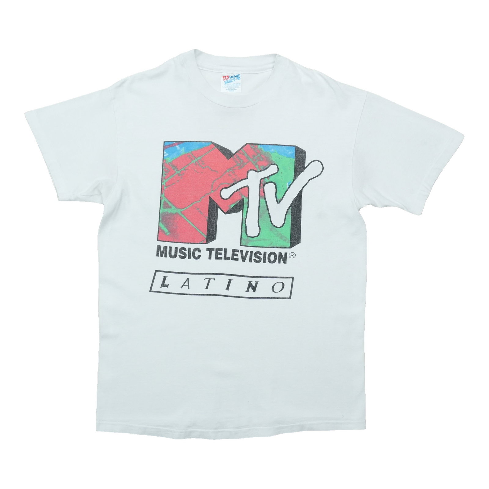 Vintage 1990s MTV Latino White Cotton T Shirt Medium: Vintage 1990s MTV Latino White Cotton T Shirt Medium Original vintage 1990s MTV Latino shirt in white. This authentic period tee is not a modern reproduction and is in good condition with small holes 