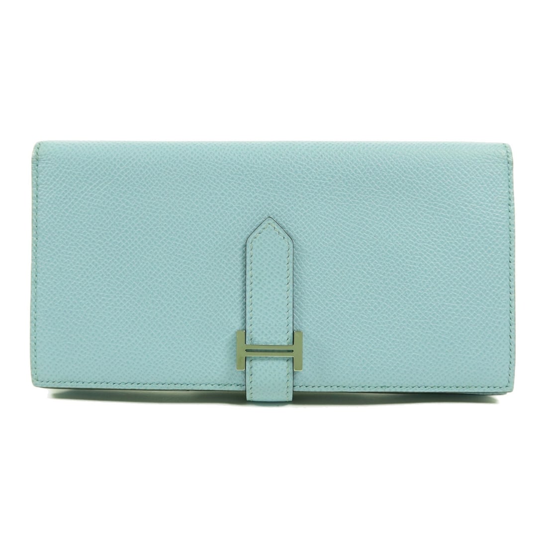 Hermes Bearn bi-fold long wallet in Bleu Atoll Epsom leather: Hermes Bearn bi-fold long wallet in Bleu Atoll Epsom leather HERMES Bearn W Snap long wallet in Bleu Atoll blue, presented as a bi-fold wallet with Epsom and calfskin (cowhide) materials. It features