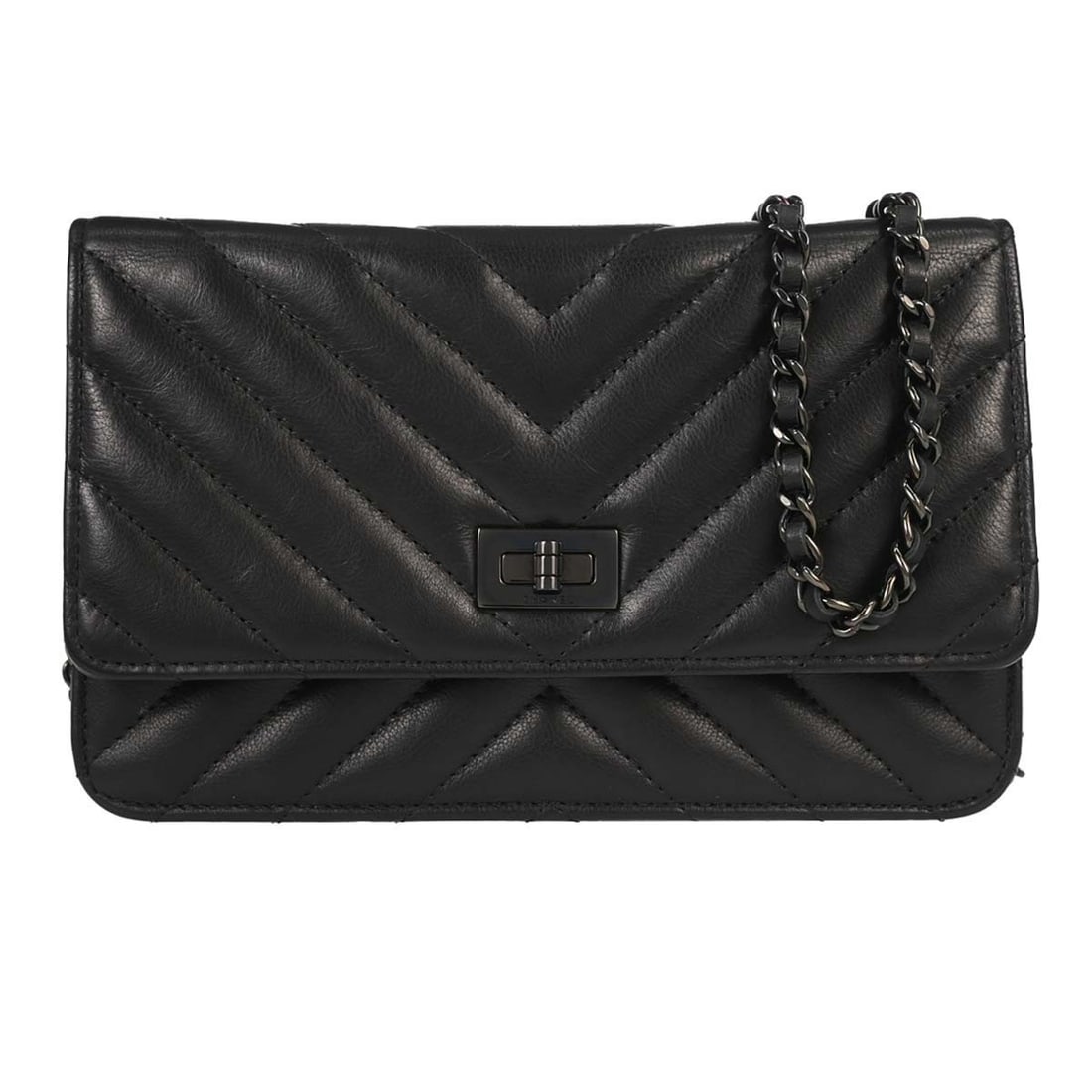 CHANEL Mademoiselle Lock WOC Black Lambskin Chevron Wallet: CHANEL Mademoiselle Lock WOC Black Lambskin Chevron Wallet Chanel Wallet on Chain bag in black lambskin leather with a chevron design and Mademoiselle lock. This women's folding wallet features an ext