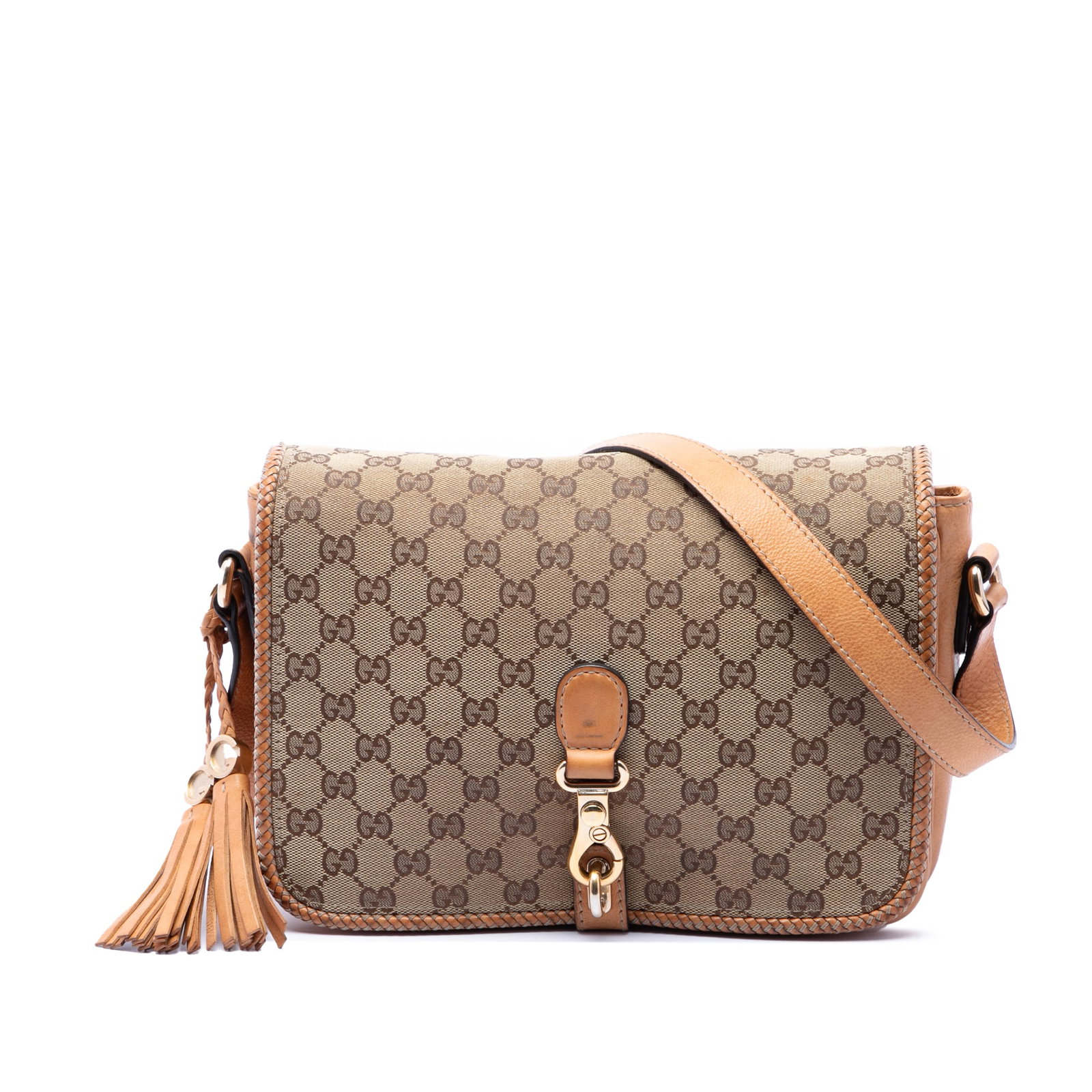 Gucci Marrakech GG Canvas Crossbody Bag Beige Leather Trim: Gucci Marrakech GG Canvas Crossbody Bag Beige Leather Trim Gucci GG Canvas Marrakech crossbody bag with leather trim and an adjustable flat leather strap. The design includes a front flap with hook cl