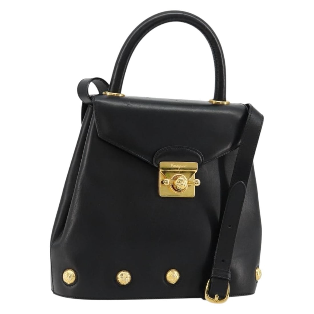 Salvatore Ferragamo Gancini leather 2-way handbag with shoulder strap: Salvatore Ferragamo Gancini leather 2-way handbag with shoulder strap Salvatore Ferragamo Gancini 2-way handbag in black leather with gold-tone detailing. Designed for women, this Italian-made bag inc