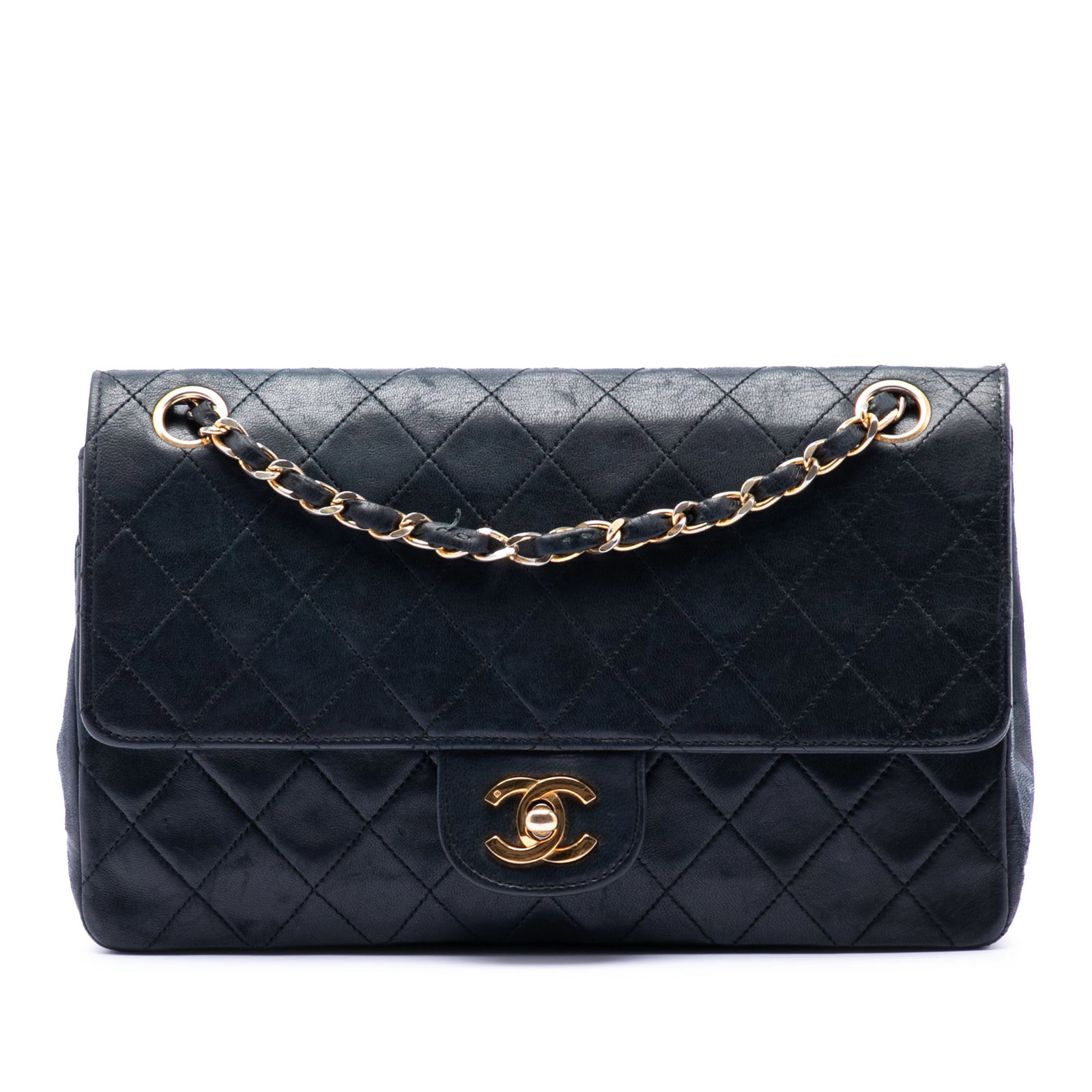 Chanel Medium Classic Double Flap Shoulder Bag Black Lambskin: Chanel Medium Classic Double Flap Shoulder Bag Black Lambskin Medium Classic Lambskin Double Flap shoulder bag with a quilted lambskin body, leather-woven chain straps, double front flaps with interlo