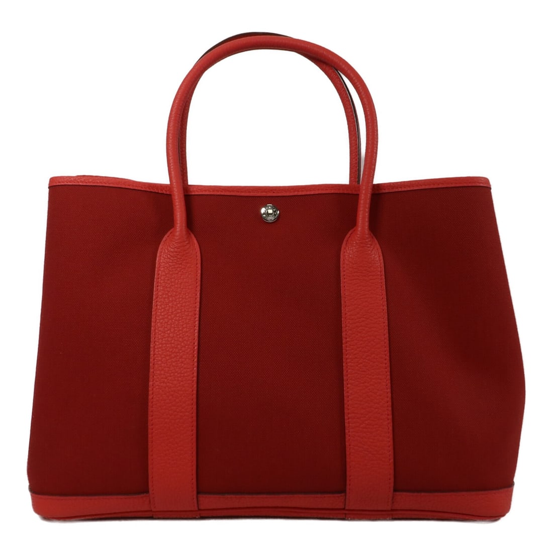 Hermes Garden Party PM Canvas Tote Bougainvillea PHW: Hermes Garden Party PM Canvas Tote Bougainvillea PHW Hermes Garden Party PM tote bag in canvas with a Bougainvillea and red colorway. This women's tote is made in France and features a hook button clo