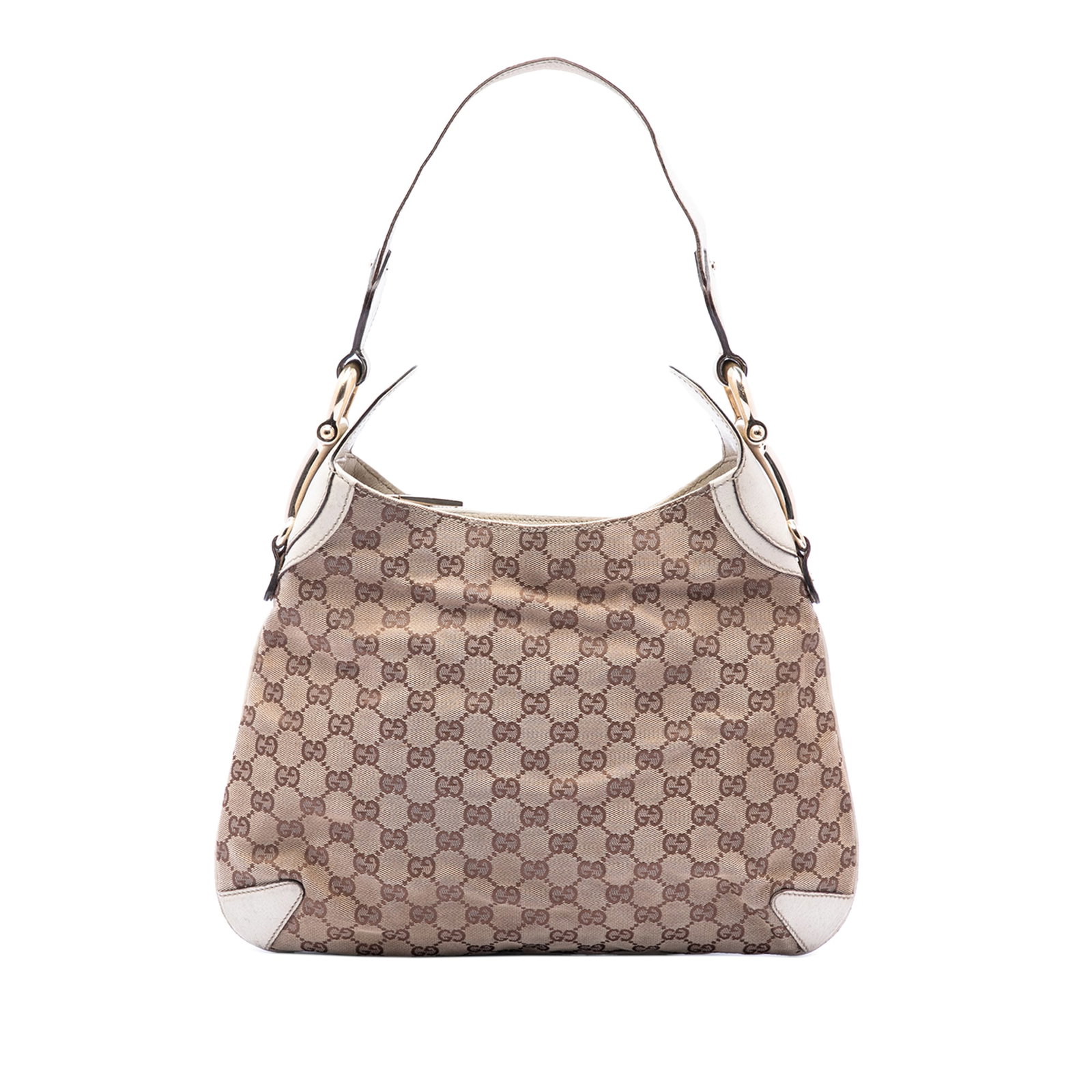 Gucci Creole Hobo Shoulder Bag in GG Canvas with Horsebit: Gucci Creole Hobo Shoulder Bag in GG Canvas with Horsebit A Gucci GG Canvas Horsebit Creole Hobo Bag made in Italy, presented in beige fabric with leather trim. It features a flat leather strap with s