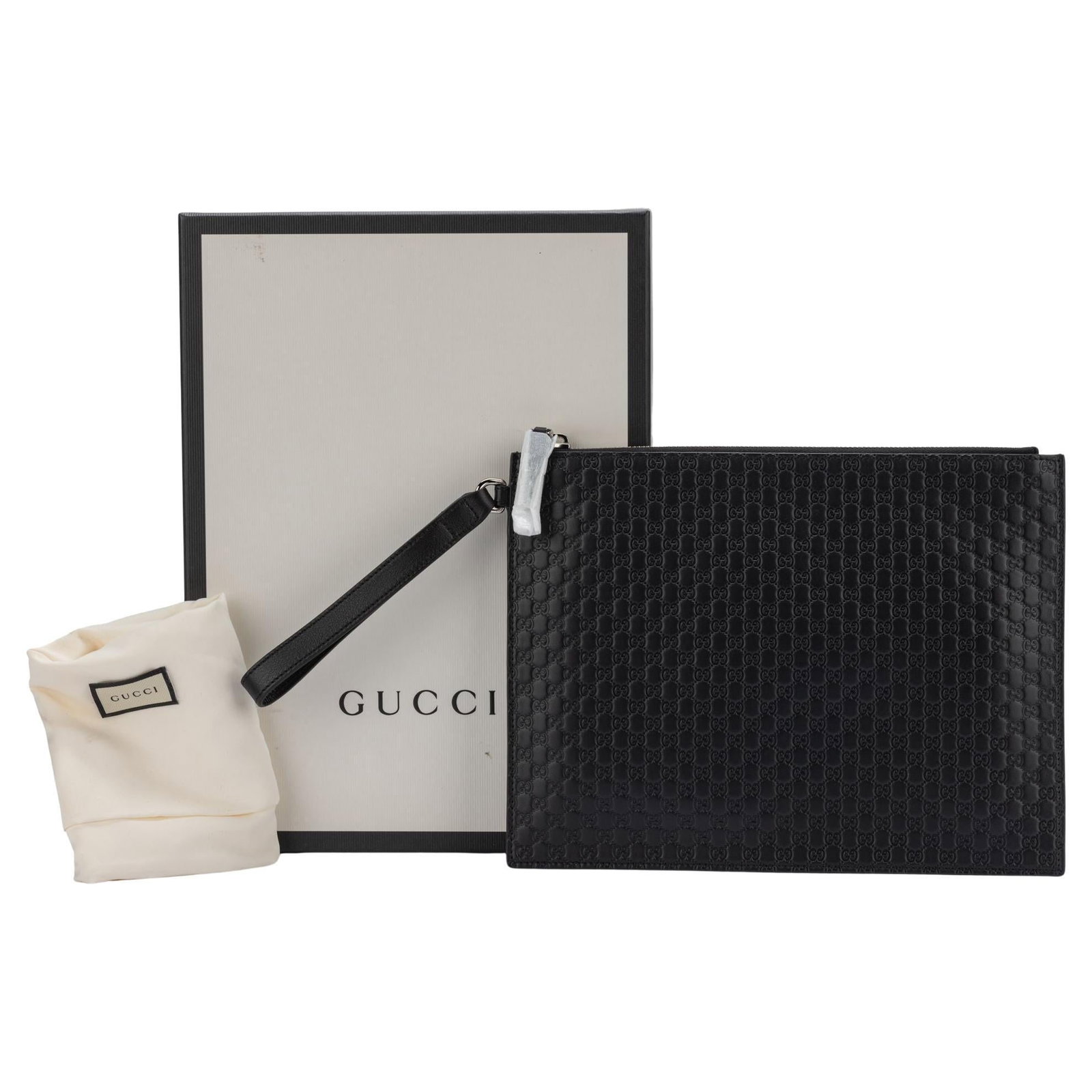 Gucci GG Logo Leather Clutch with Dustcover and Box: Gucci GG Logo Leather Clutch with Dustcover and Box Introducing the Gucci GG Logo Black Clutch, a luxurious accessory that effortlessly combines style and functionality. This exquisite clutch is craft