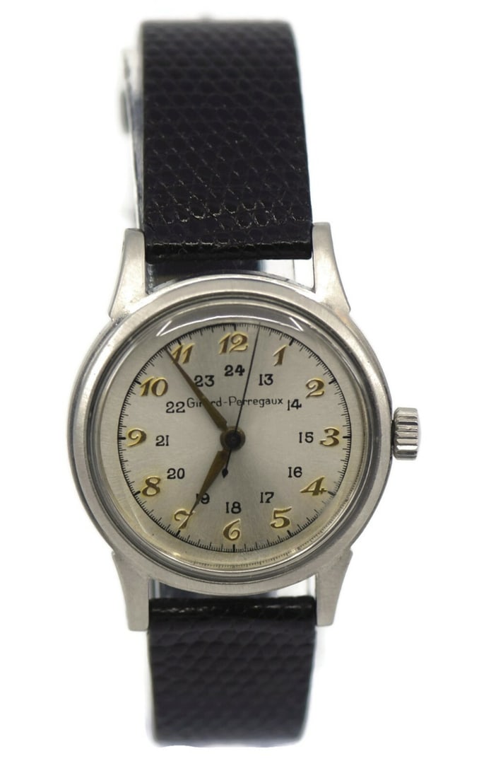 Girard Perregaux Vintage Mechanical Stainless Steel Watch Black Leather Band: Girard Perregaux Vintage Mechanical Stainless Steel Watch Black Leather Band This exquisite Girard Perregaux Vintage Wristwatch showcases a stunning silver dial, complemented by an elegant black leath