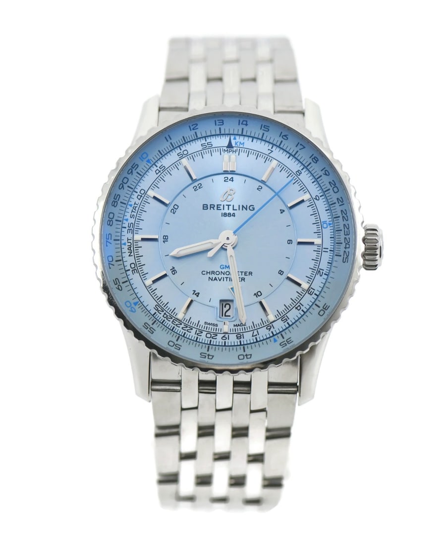 Breitling Breitking Navitimer GMT A32310 blue dial steel wristwatch: Breitling Breitking Navitimer GMT A32310 blue dial steel wristwatch Pre-owned Breitking Navitimer GMT wristwatch with automatic mechanical movement and analog display. This men's watch features a blue