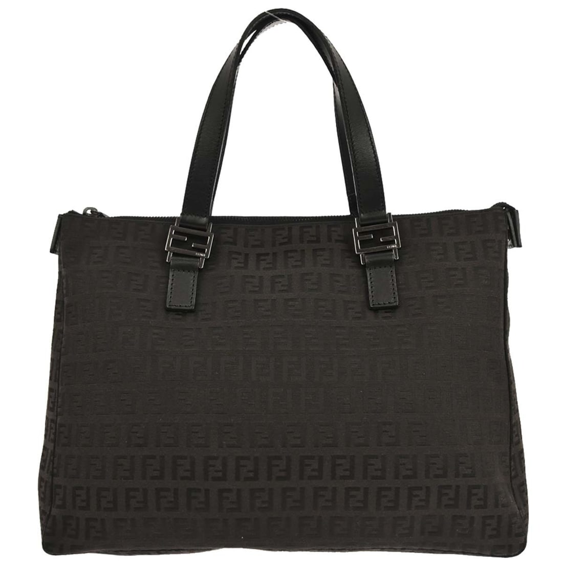 Fendi Zucchino Canvas Tote Bag Dark Brown Italy 2111-8BH138-JQ5.068: Fendi Zucchino Canvas Tote Bag Dark Brown Italy 2111-8BH138-JQ5.068 Fendi Zucchino tote handbag in dark brown canvas with black leather handles and silver-tone hardware. This medium handbag features a
