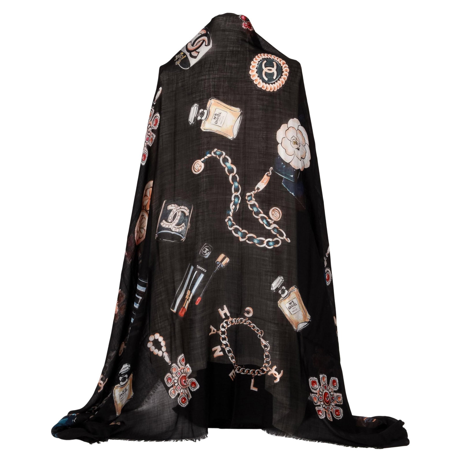 Chanel Black Cashmere Icons XL Shawl 74 inches Italy: Chanel Black Cashmere Icons XL Shawl 74 inches Italy This luxurious Chanel XL shawl is crafted from soft black cashmere, showcasing the iconic gripoix design. With generous dimensions of 74 in (187.96