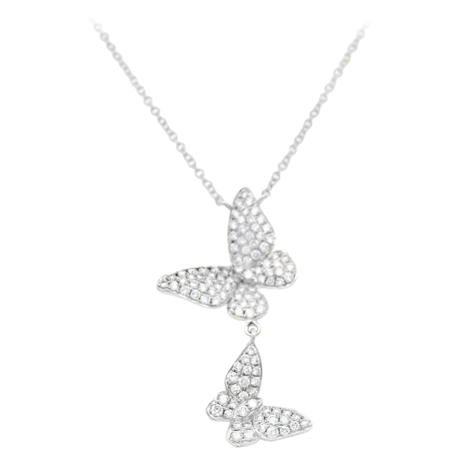 0.77ct Diamond Butterfly Necklace 18k White Gold: 0.77ct Diamond Butterfly Necklace 18k White Gold This exquisite Diamond Butterfly Pendant Necklace features a delicate design crafted from 18k white gold. The necklace showcases 110 round diamonds tot