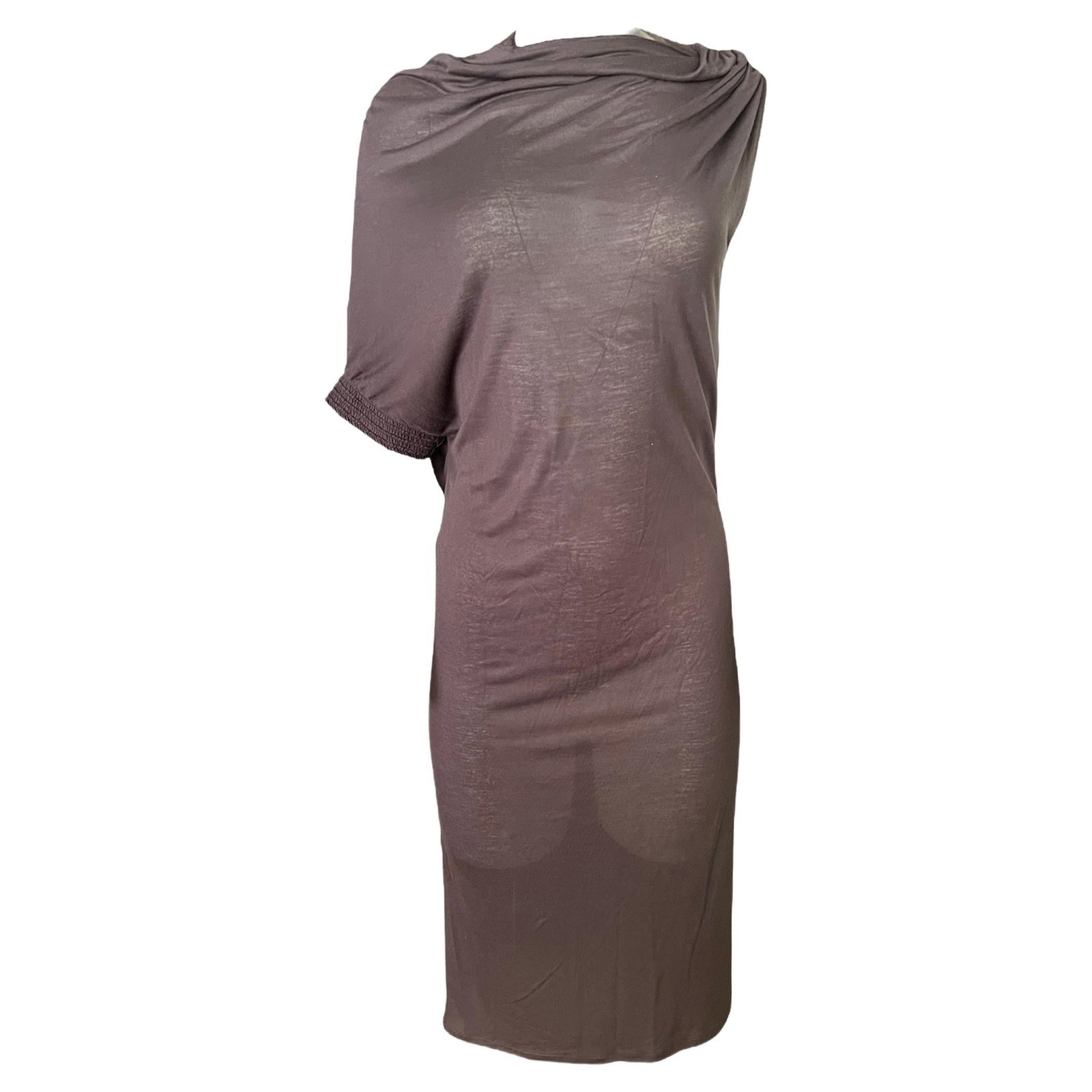 Lanvin Paris Brown Asymmetrical Midi Dress Size S: Lanvin Paris Brown Asymmetrical Midi Dress Size S Vintage Lanvin Paris brown midi dress in size S (EU), featuring a crew neckline and an asymmetrical top design with one sleeveless side and one short 