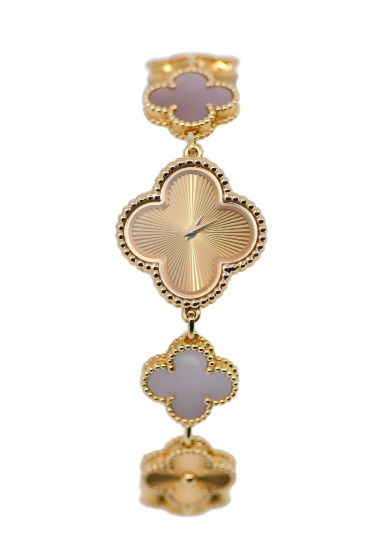 Sweet Alhambra 18K Rose Gold Quartz Wristwatch by Van Cleef & Arpels: Sweet Alhambra 18K Rose Gold Quartz Wristwatch by Van Cleef & Arpels This Van Cleef & Arpels Sweet Alhambra wristwatch features a 23 mm case crafted from 18K rose gold and is paired with a matching ro