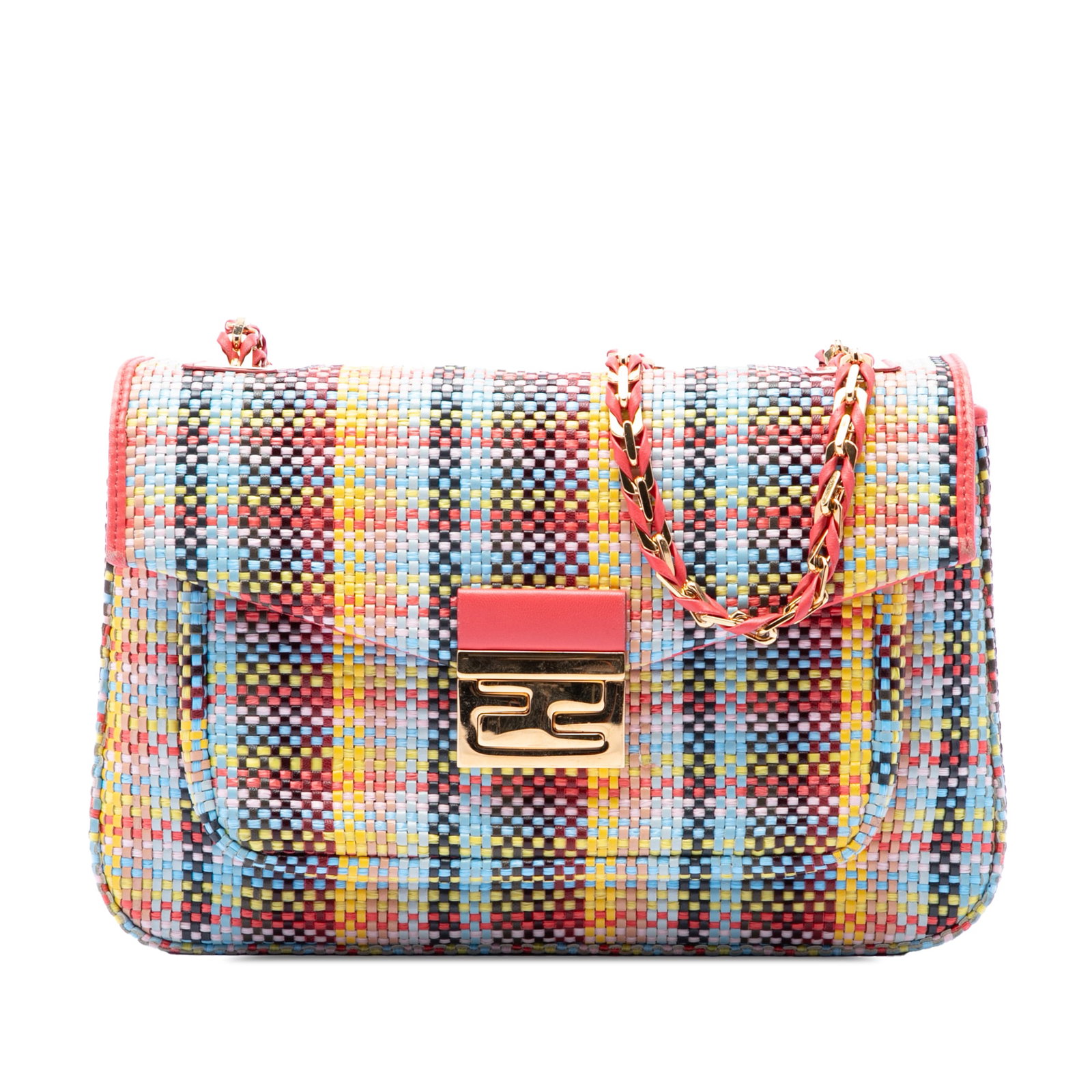 Fendi Be Baguette Crossbody in Multicolor Woven Nappa Leather: Fendi Be Baguette Crossbody in Multicolor Woven Nappa Leather Fendi Multicolor Woven Nappa Be Baguette Crossbody bag from Italy, crafted in woven nappa leather with a leather woven chain link shoulder