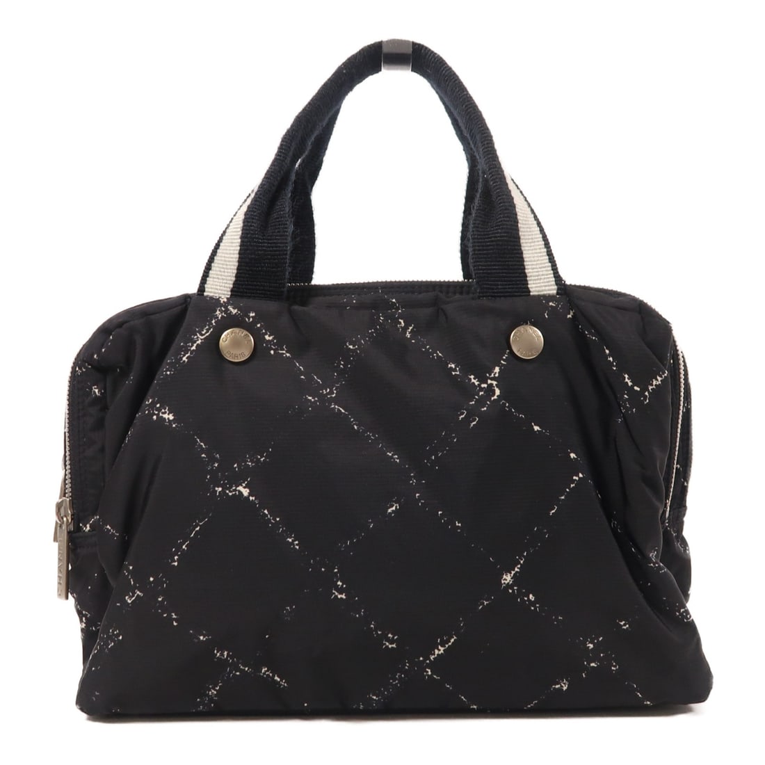CHANEL CC Black Nylon Handbag with Hologram Sticker: CHANEL CC Black Nylon Handbag with Hologram Sticker Black Chanel handbag crafted from nylon with CC SHW detailing. Includes a hologram sticker and features a fastener pocket. Condition is B with reaso