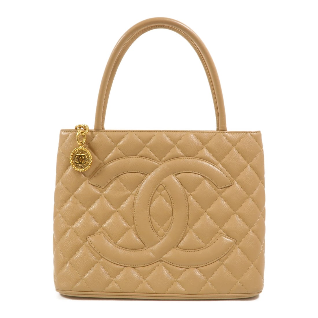 CHANEL Medallion CC Tote Bag Beige Calfskin Vintage GHW: CHANEL Medallion CC Tote Bag Beige Calfskin Vintage GHW Vintage CHANEL Medallion tote bag in beige calfskin leather with CC motif and GHW. Designed for women, this tote features an open exterior pocke