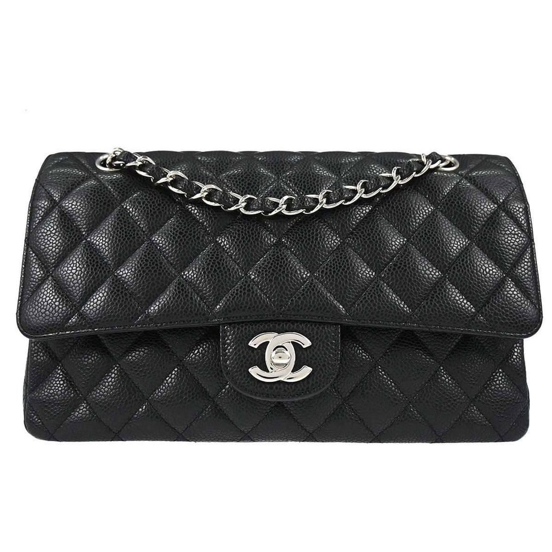 CHANEL Medium Classic Double Flap Black Calfskin Shoulder Bag: CHANEL Medium Classic Double Flap Black Calfskin Shoulder Bag Chanel Medium Classic Double Flap shoulder bag in black caviar skin leather with a turn-lock closure and shoulder strap. Made in France, t
