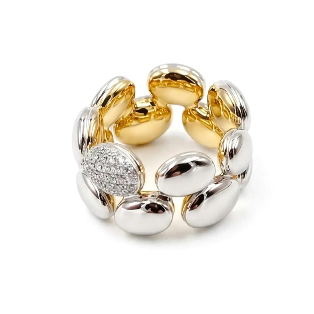 Gubelin 18K Two Tone Diamond Pave Band Ring Size 6: Gubelin 18K Two Tone Diamond Pave Band Ring Size 6 This Gubelin Madagascar diamond band ring is crafted from 18k white and yellow gold, showcasing a striking design with oval-shaped gold pieces fused 