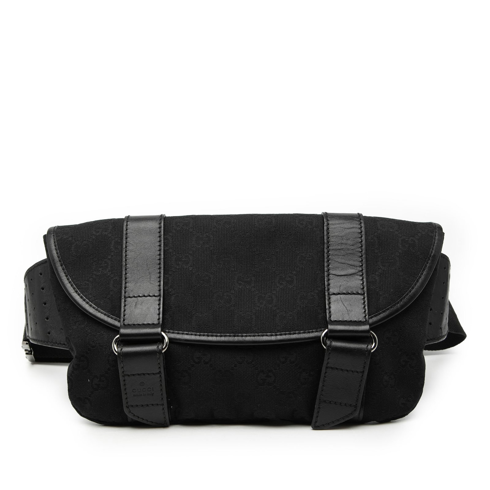 Black Gucci GG Canvas Waist Bag Italy: Black Gucci GG Canvas Waist Bag Italy This Gucci GG Canvas Belt Bag features a canvas body with leather trim, a flat waist strap with a buckle closure, a flap with touch fastener closures, and an inte