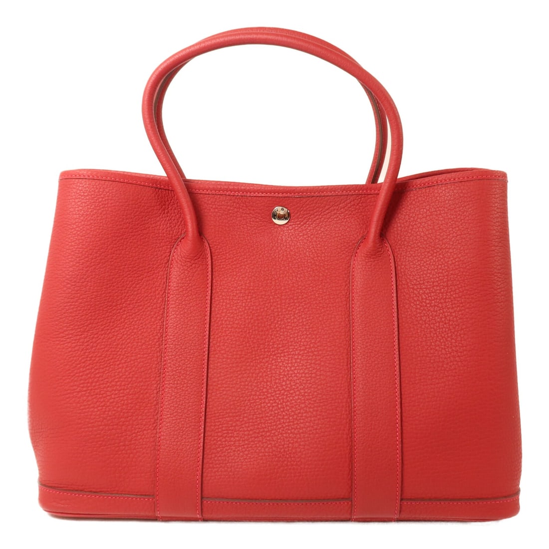 Hermes Garden Party PM Negonda Leather Handbag Rouge Piment PHW: Hermes Garden Party PM Negonda Leather Handbag Rouge Piment PHW Hermes Garden Party PM handbag in Rouge Piment, made from Negonda leather and calfskin (cowhide). This women's handbag features a hook b