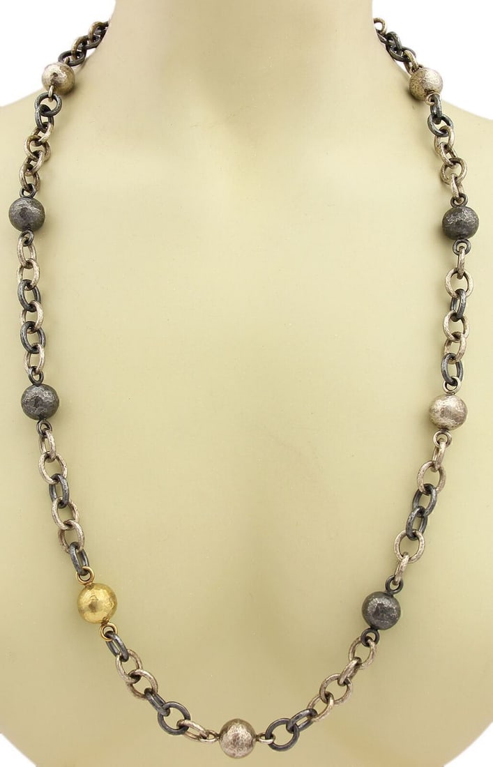 Gurhan Ballon 31in sterling silver necklace with 24k gold layering: Gurhan Ballon 31in sterling silver necklace with 24k gold layering Gurhan Ballon chain necklace in sterling silver with 24k gold layering, featuring sculptural ball elements along a substantial mixed-