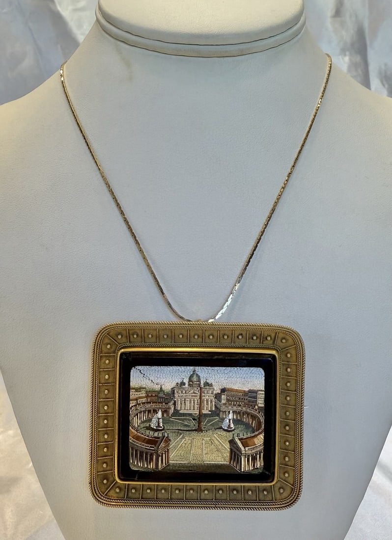 1876 Italian Etruscan Revival 14K Yellow Gold Necklace Brooch: 1876 Italian Etruscan Revival 14K Yellow Gold Necklace Brooch Discover a stunning 1876 Italian Etruscan Revival necklace brooch crafted in 14k yellow gold. This exquisite piece showcases remarkable de