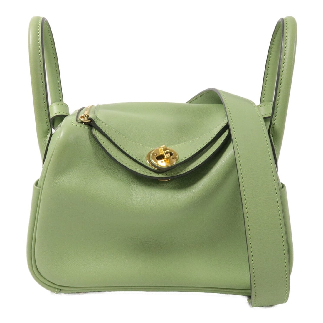 HERMES Mini Lindy 2way Shoulder Bag Vert Criquet Swift Calfskin GHW: HERMES Mini Lindy 2way Shoulder Bag Vert Criquet Swift Calfskin GHW Mini Lindy 2-way shoulder bag in Vert Criquet Vaux Swift leather with green calfskin. This women's handbag is made in France and fea