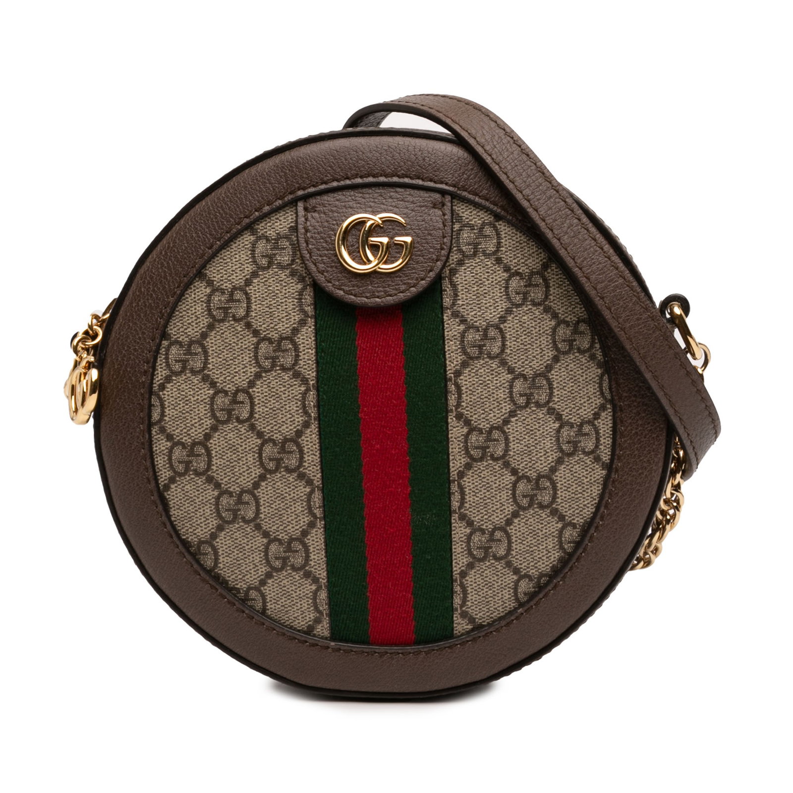 Gucci Ophidia Round Crossbody Mini GG Supreme Web Bag: Gucci Ophidia Round Crossbody Mini GG Supreme Web Bag Gucci Ophidia round crossbody bag in beige GG Supreme coated canvas with leather trim and signature web detailing. This mini bag features a curb c