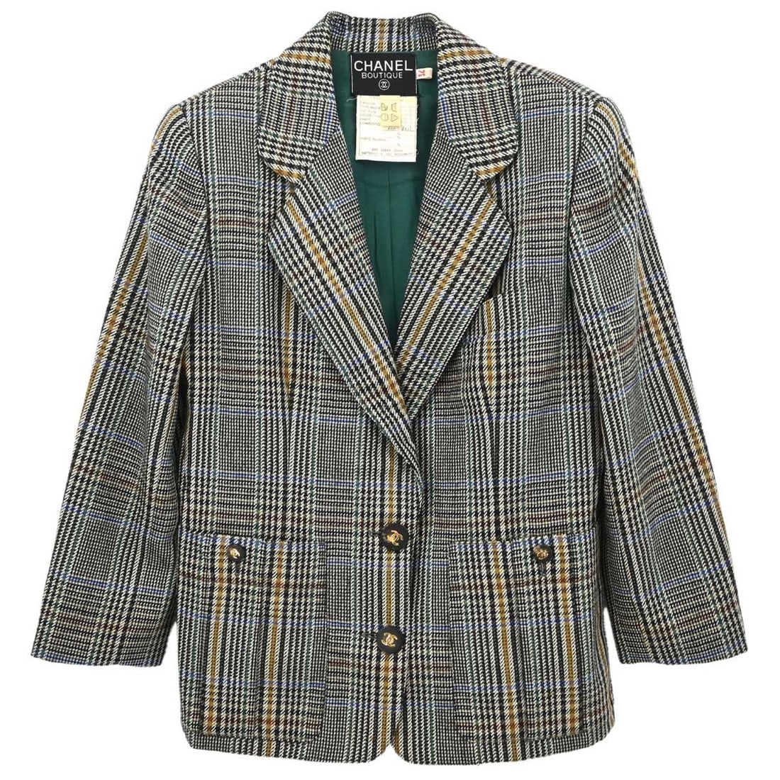 CHANEL Womens Wool Long Jacket Size 34 Gray Check Button Front: CHANEL Womens Wool Long Jacket Size 34 Gray Check Button Front Vintage Chanel single-breasted check jacket in wool with a long silhouette and button-front closure. This women's jacket is made in Franc