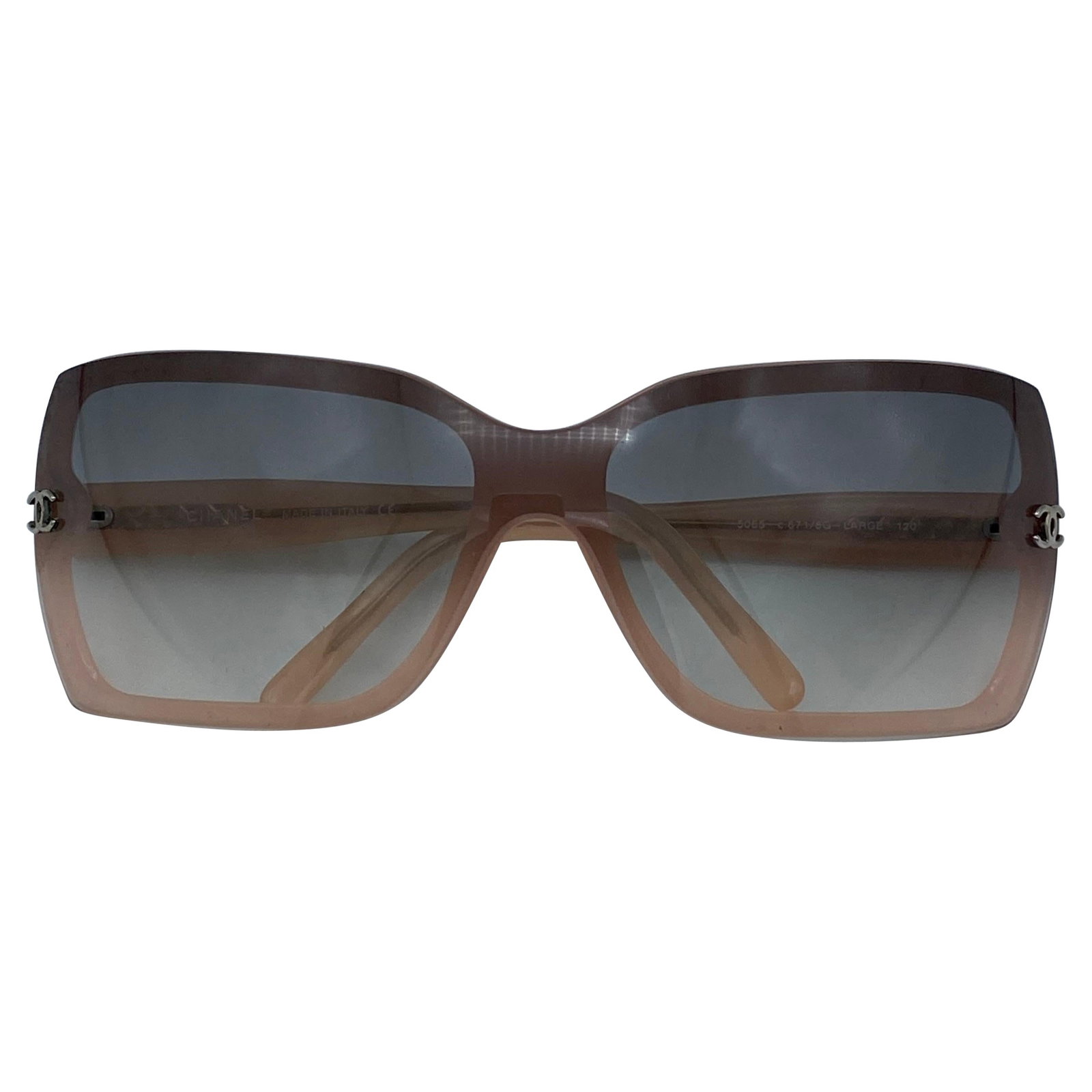 Chanel square frame sunglasses with pink rims and gray gradient lenses (1 of 7)