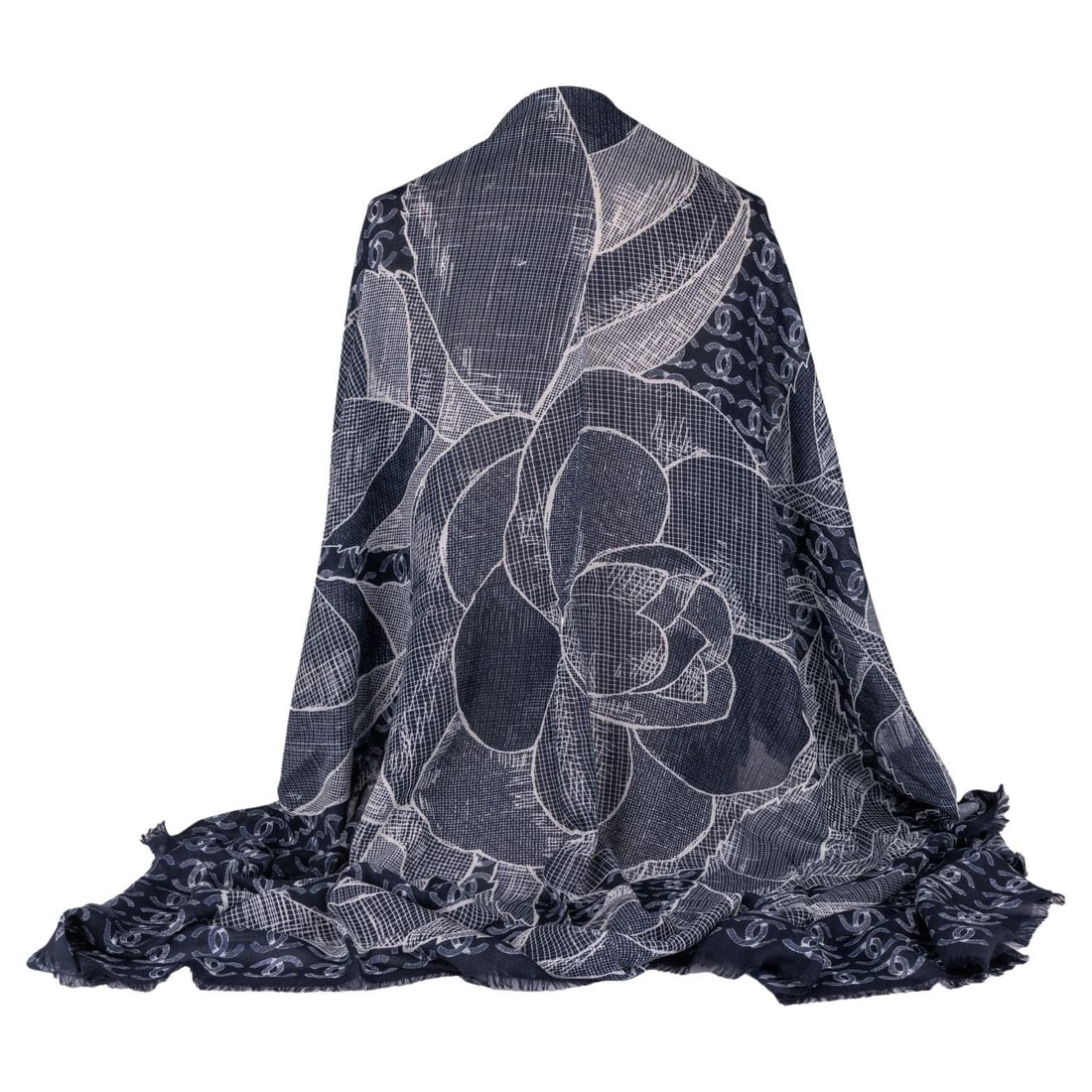 Chanel Cashmere Shawl Navy Camellia CC Logo Italy 21st Century: Chanel Cashmere Shawl Navy Camellia CC Logo Italy 21st Century Elevate your style with this exquisite Chanel Cashmere Shawl in a rich navy hue. This luxurious shawl features a striking oversized Chane