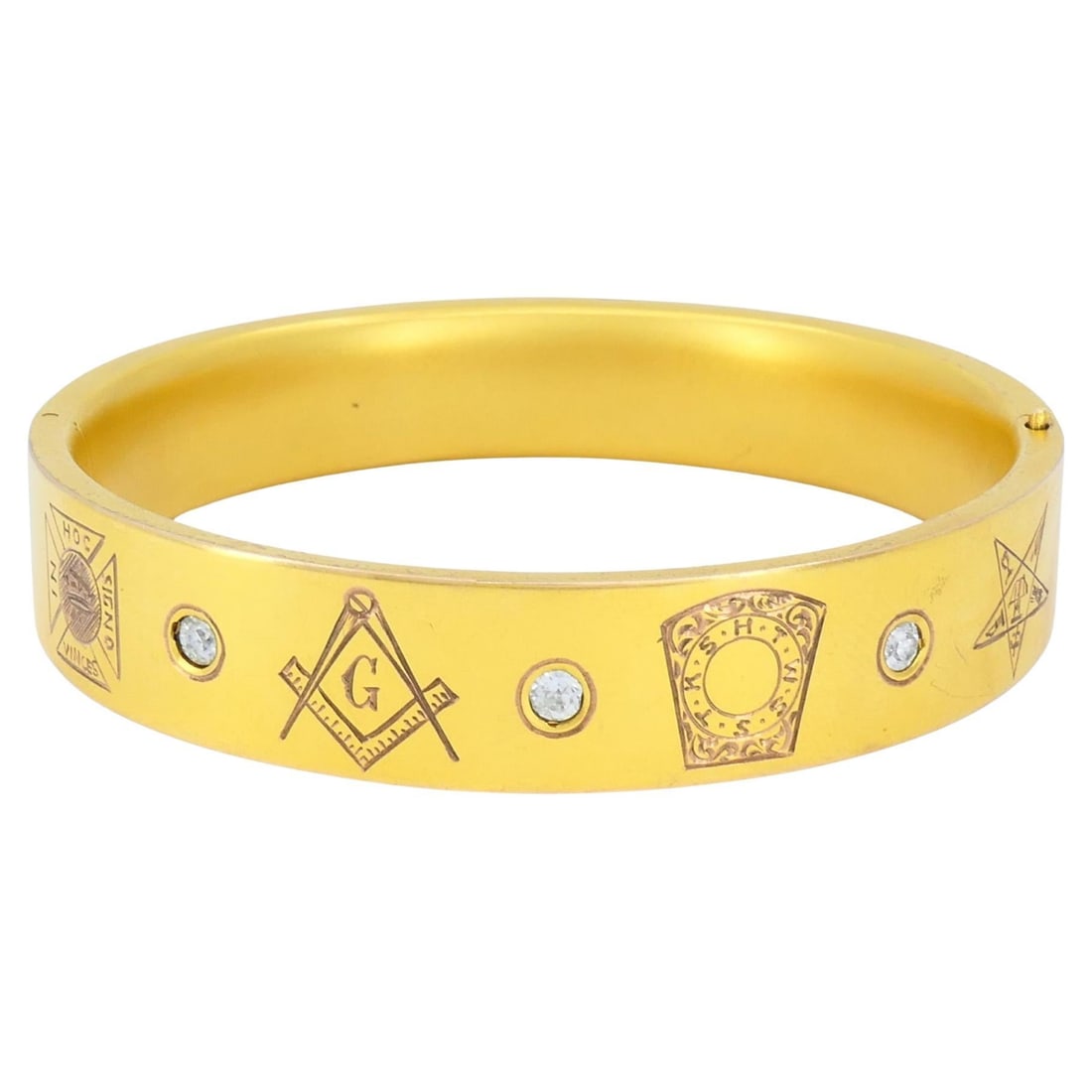 Freemason hinged 10k yellow gold bangle bracelet with diamonds: Freemason hinged 10k yellow gold bangle bracelet with diamonds Vintage Masonic hinged bangle bracelet in 10k yellow gold with old mine cut diamond accents. The solid gold band features engraved Freema