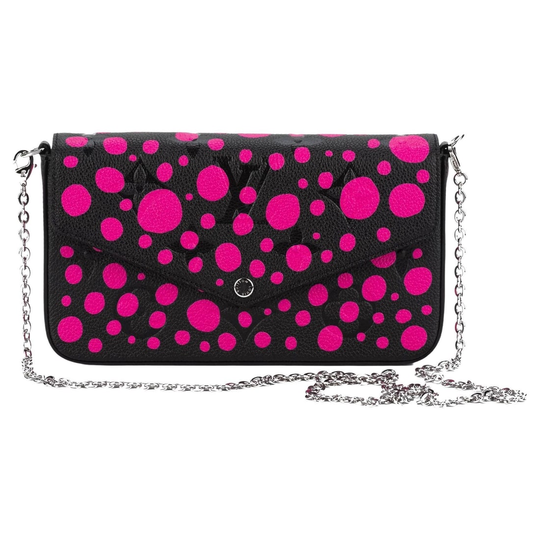 Louis Vuitton Yayoi Kusama Felicie Crossbody Black Fuchsia Polka Dots: Louis Vuitton Yayoi Kusama Felicie Crossbody Black Fuchsia Polka Dots Introducing the Louis Vuitton x Yayoi Kusama Pochette Felicie, a stunning piece that exemplifies contemporary fashion with its vib