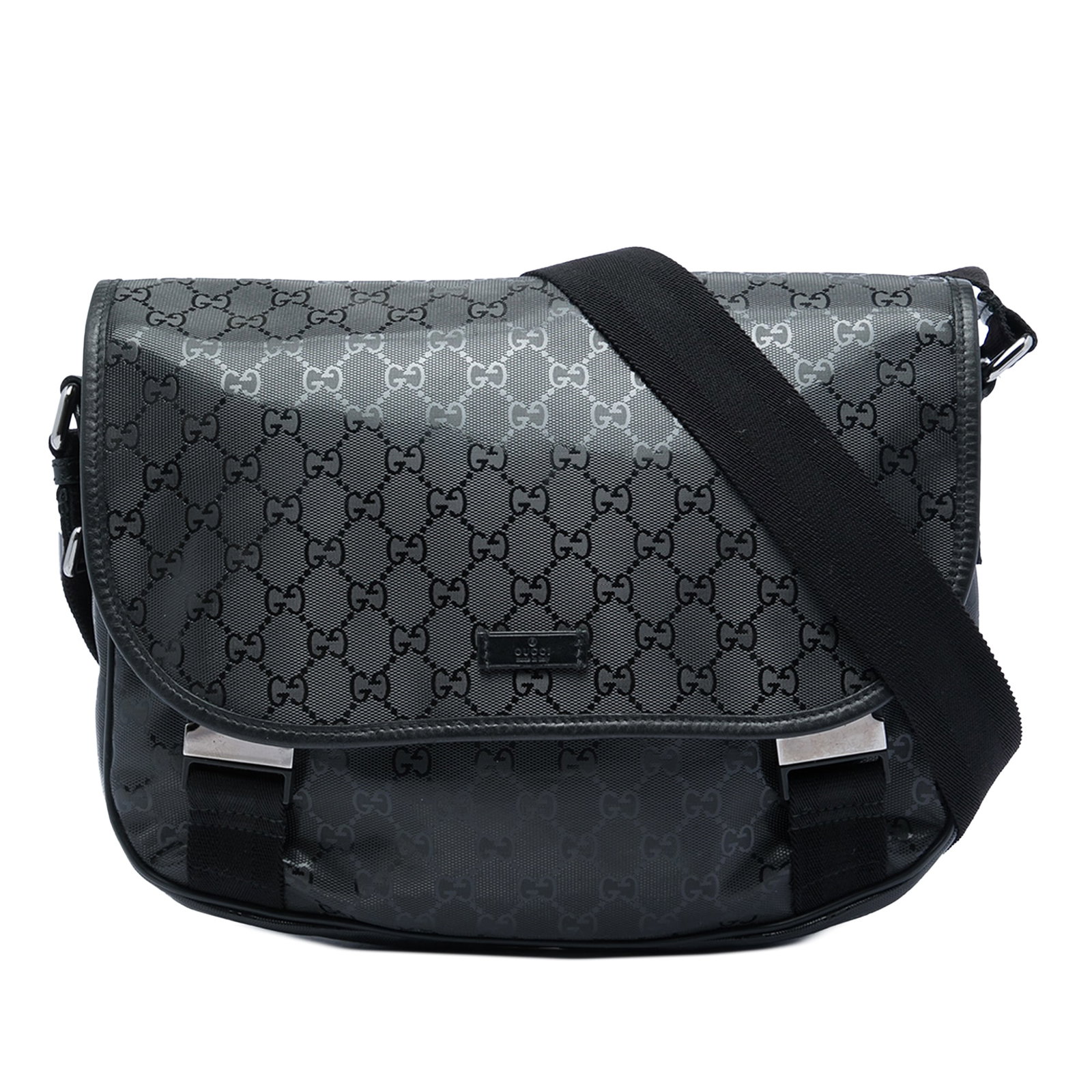Gucci GG Imprime black coated canvas crossbody bag: Gucci GG Imprime black coated canvas crossbody bag Gucci GG Imprime crossbody bag with a coated canvas body, leather trim, and an adjustable flat strap. The design includes a top flap with dual buckle