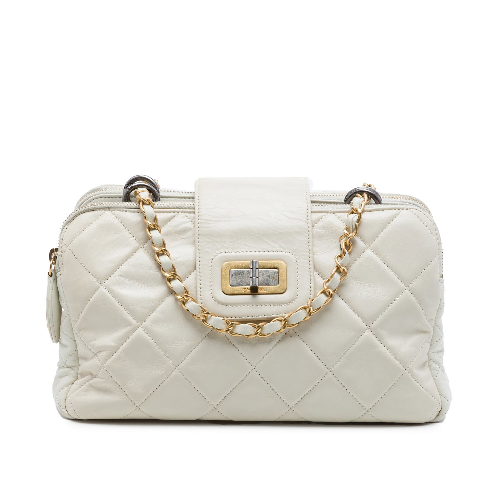 Chanel Mademoiselle Triple Zip Quilted Calfskin Shoulder Bag White: Chanel Mademoiselle Triple Zip Quilted Calfskin Shoulder Bag White Quilted aged calfskin shoulder bag with a leather-woven chain link strap, top strap with turn lock closure, dual zip compartments, an
