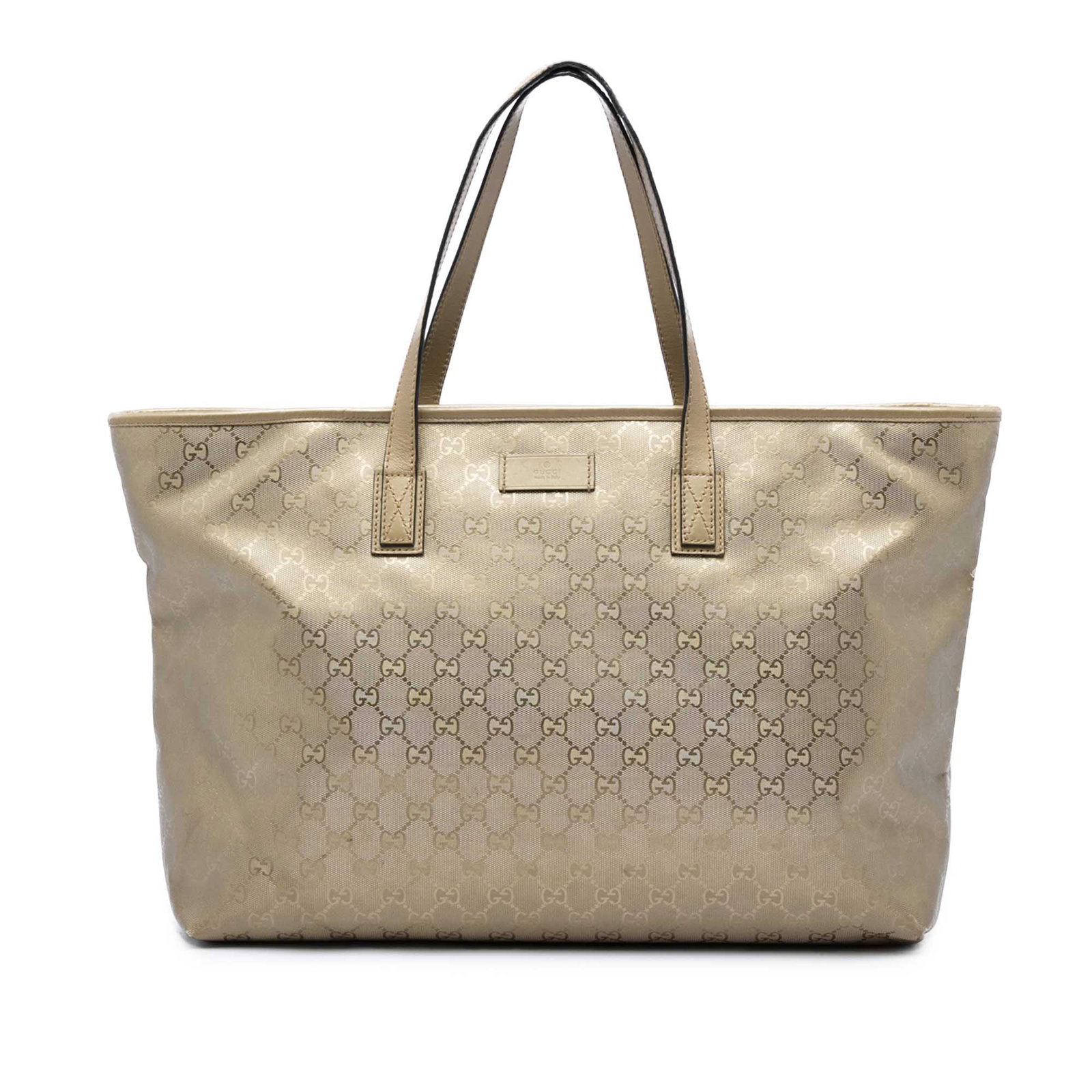 Gucci GG Imprime Large Tote Bag Gold Coated Canvas: Gucci GG Imprime Large Tote Bag Gold Coated Canvas Gucci Large GG Imprime Tote in gold with a coated canvas body, leather trim, flat leather handles, top zip closure, and interior slip pockets. Made i
